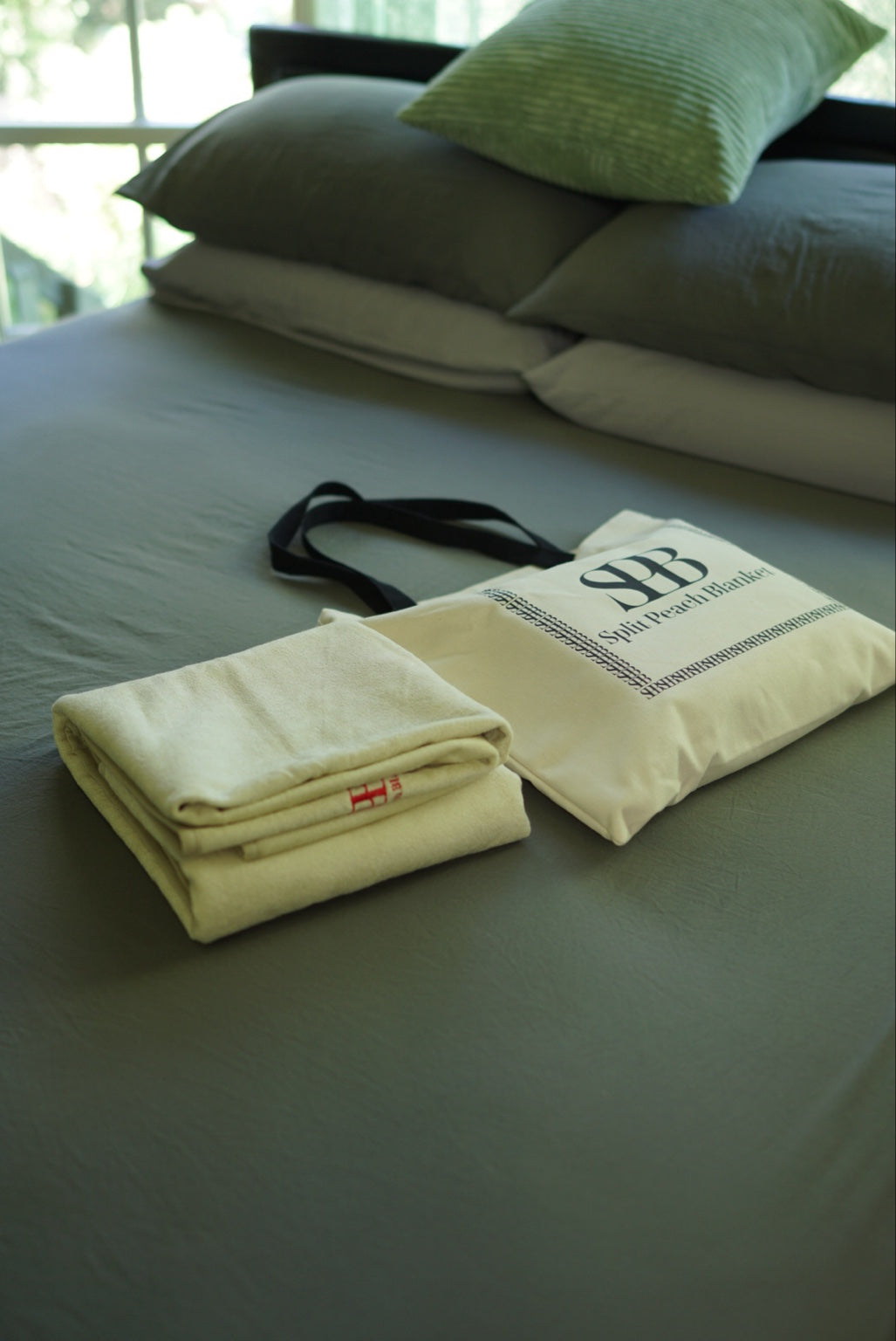 Sand Regular waterproof blanket folded beside its storage bag